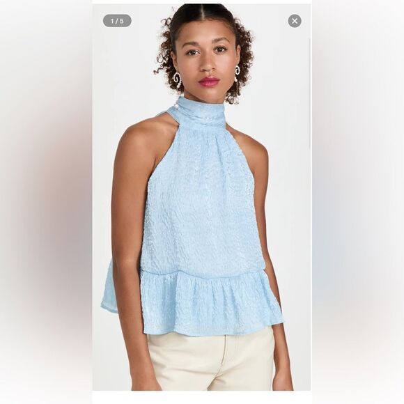 NWT New RAMY BROOK Keegan Top Twilight Sky Blue Keyhole Halter Satin Ruffle S - Picture 1 of 7